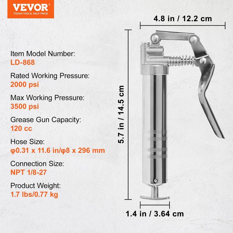 VEVOR Pistol Grip Grease Gun 3500 PSI Heavy Duty Professional Grease Gun with 11.65 in. Flexible Hose 4 oz. Capacity - SDHYQSQSW12INN429V0