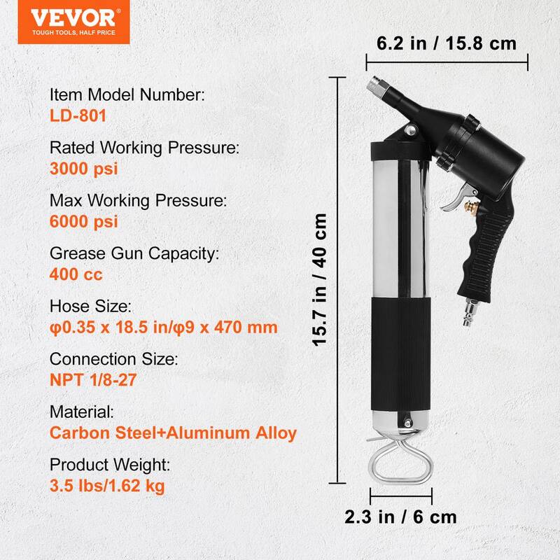VEVOR Air Operated Grease Gun, 6000PSI, 14 oz./400 CC Capacity Heavy Duty Pneumatic Grease Gun, with 18.5 in. Flexible Hose - QD18IN6000PSIEXBEV0-819