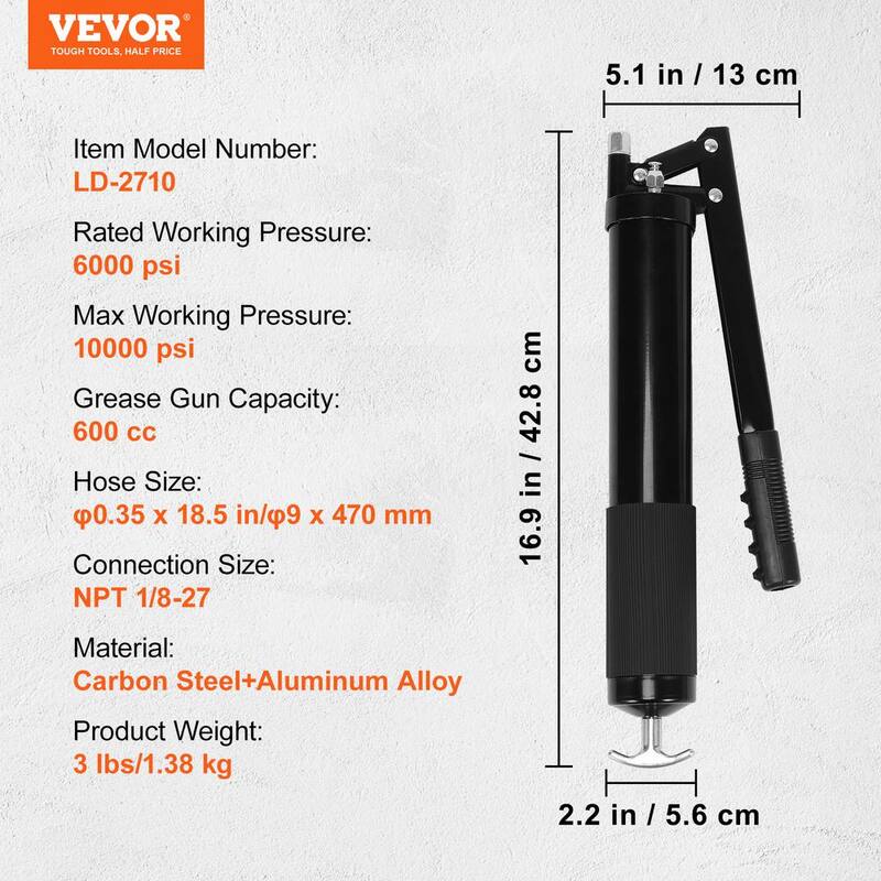 VEVOR Grease Gun, 10000 PSI Max. Working Pressure, 20 oz./600 CC Capacity Heavy Duty Lever Action Grease Gun Kit - SDHYQGGSW18IN6SQRV0-805