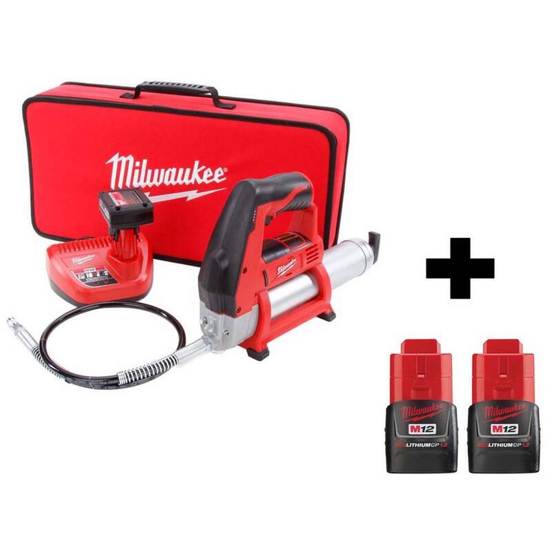 Milwaukee 12 12-Volt Lithium-Ion Cordless Grease Gun Kit With Two Free M12 1.5 Ah Batteries - 2446-21XC-48-11-2411