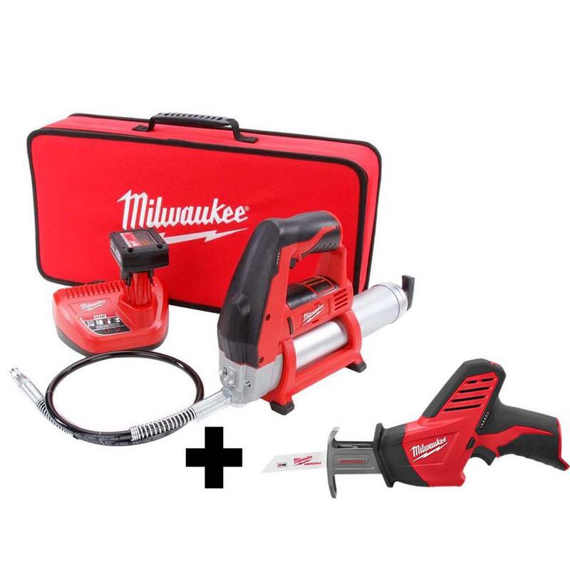 Milwaukee M12 12V Lithium-Ion Cordless Grease Gun XC Kit with M12 Hackzall - 2446-21XC-2420-20