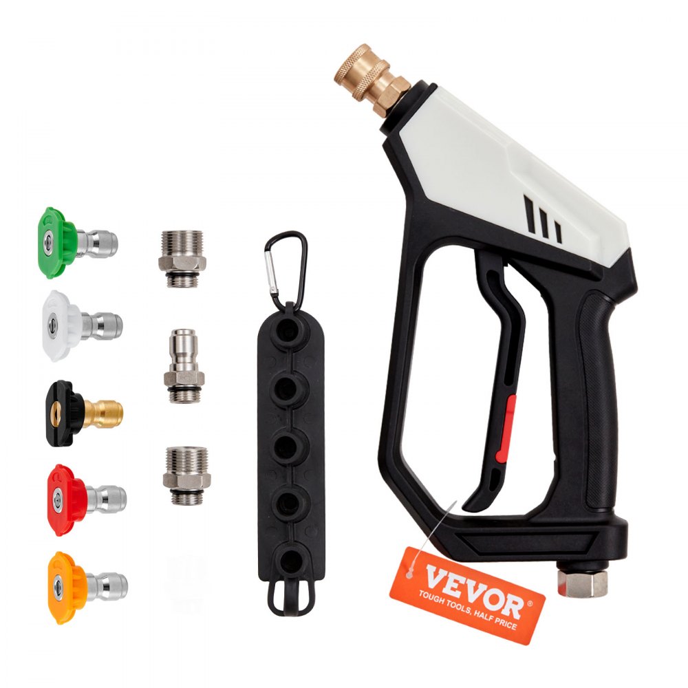 VEVOR Short Pressure Washer Gun, 5000 PSI High Power Washer Spay Gun, M22-14 mm / M22-15 / 3/8'' Inlet & 1/4'' Outlet Hose Connector Foam Gun, Pressure Washer Handle with 5 Color Quick Connect Nozzles - DBJQ5000PSIM26QBZV0