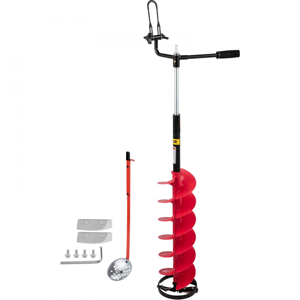 VEVOR Ice Drill Auger, 8'' Diameter Nylon Ice Auger, 41'' Length Ice Auger Bit, Auger Drill w/ 14'' Adjustable Extension Rod, Rubber Handle, Drill Adapter, Replaceable Auger Blade for Ice Fishing Red - BZHSNLYC41348EQK6V0