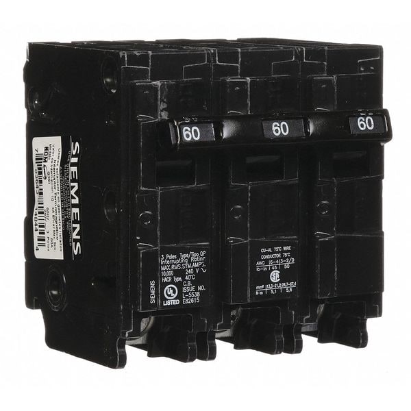 Siemens Miniature Circuit Breaker, QP Series, 60A, 3 Pole, 240V AC, 10kA at 120V AC - Q360