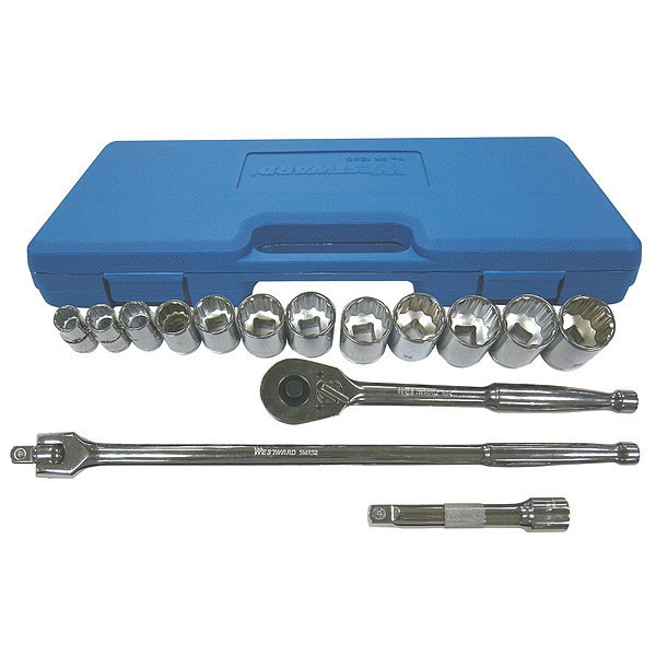 Westward 1/2 in Drive Socket Wrench Set Metric 17 Pieces 10 mm to 28 mm , Chrome - 4LXC8