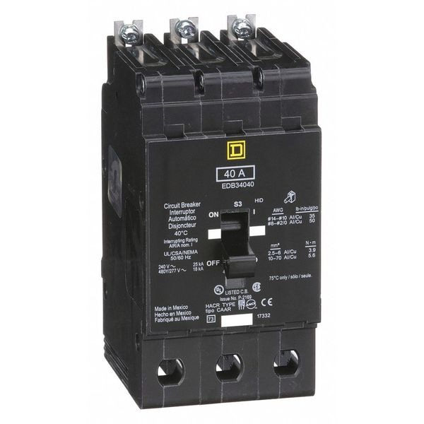 Square D Miniature Circuit Breaker, EDB Series, 40A, 3 Pole, 277/480V AC, 25kA at 120V AC - EDB34040