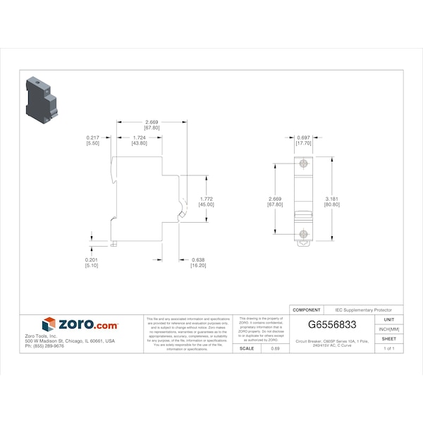 Schneider Electric Miniature Circuit Breaker, C60SP Series, 10A, 1 Pole, 240/415V AC, 14kA at 120/240V AC, C Curve - M9F22110