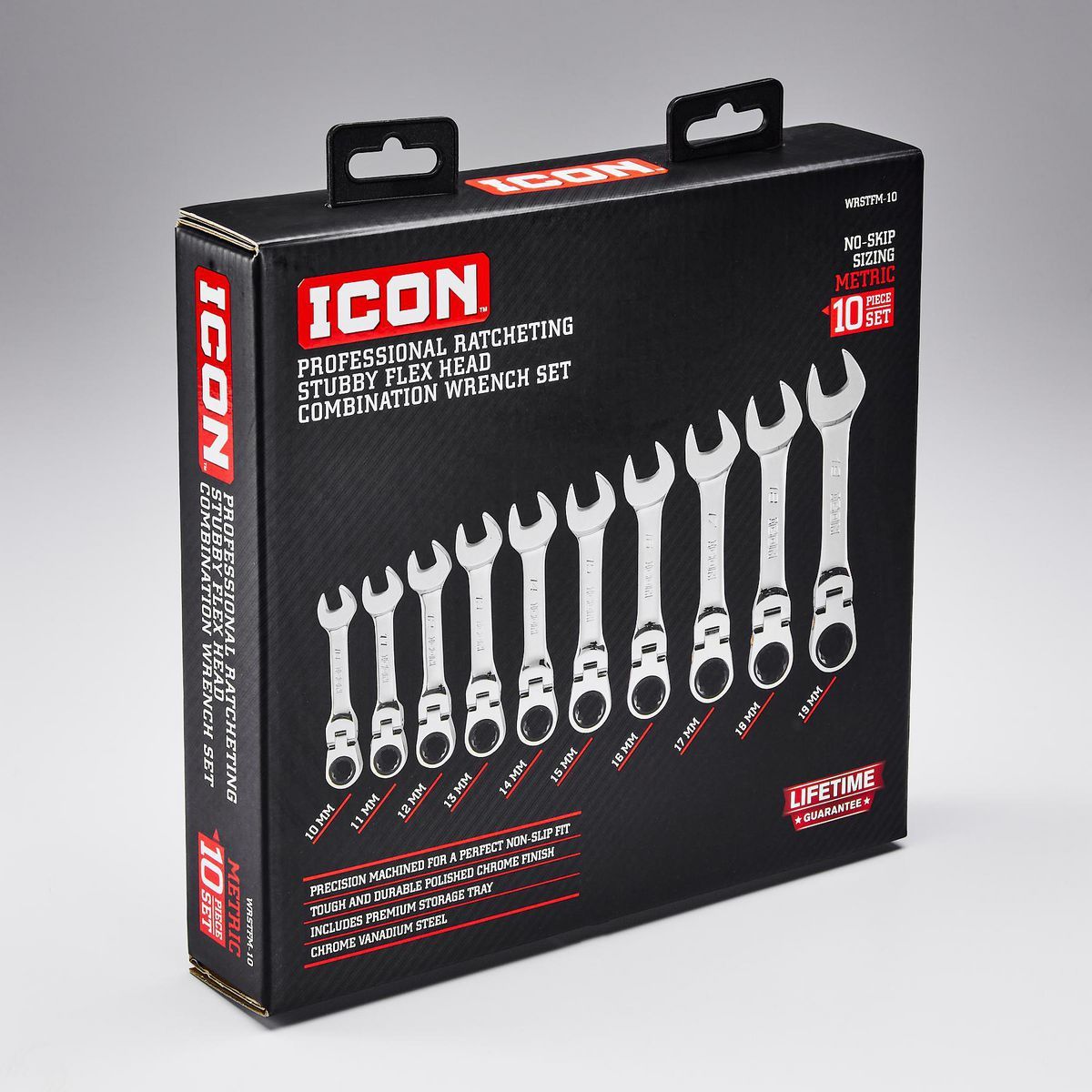 Juego de llaves combinadas de trinquete métricas con cabeza flexible de 10 piezas, marca Icon Professional Stubby - 57492