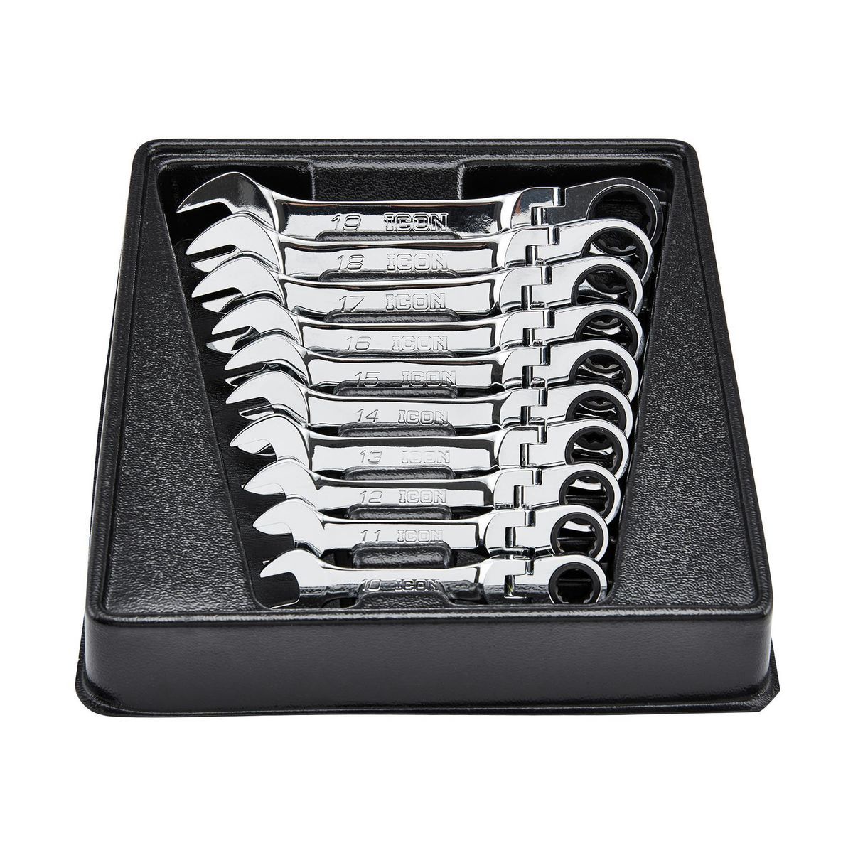 Juego de llaves combinadas de trinquete métricas con cabeza flexible de 10 piezas, marca Icon Professional Stubby - 57492