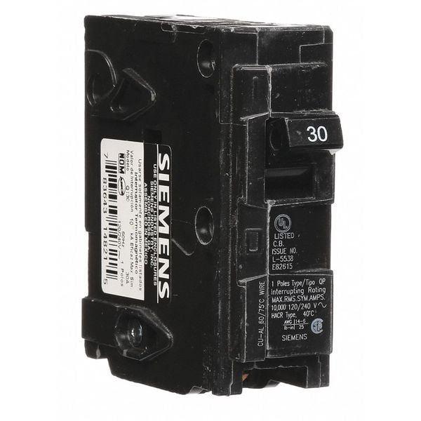 Siemens Miniature Circuit Breaker, Q Series, 30A, 1 Pole, 120V AC, 10kA at 120V AC - Q130