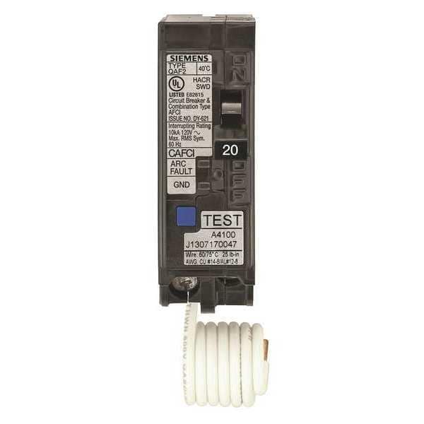 Siemens Miniature Circuit Breaker, QA Series, 20A, 1 Pole, 120V AC, 10kA at 120V AC - QA120AFC
