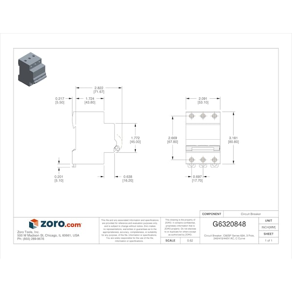 Schneider Electric Miniature Circuit Breaker, C60SP Series, 63A, 3 Pole, 240/415/440V AC, 10kA at 240V AC, C Curve - M9F22363