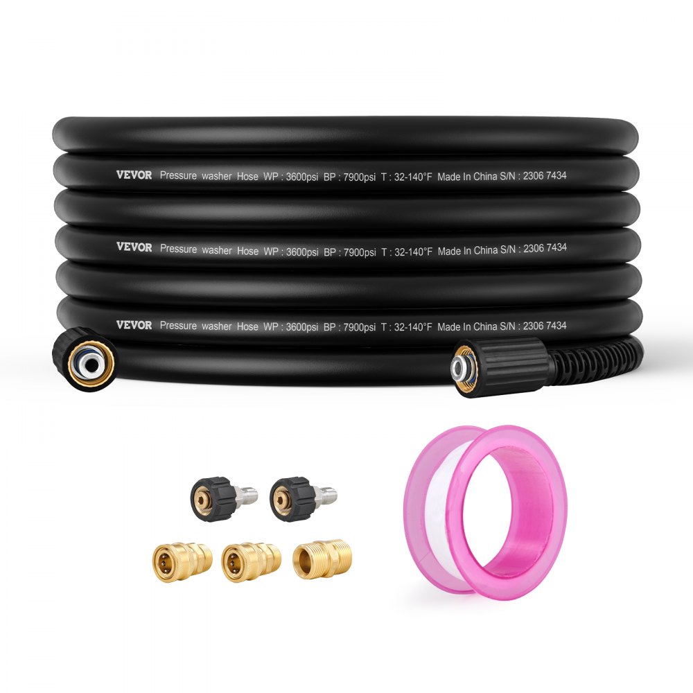 VEVOR Pressure Washer Hose, 50 FT, 1/4" Kink Free M22-14mm Brass Thread Replacement For Most Brand Pressure Washers, 3/4'' Bending Radius, 3600 PSI Heavy Duty Power Washer Extension Replacement Hose - GYQXRG50FT14NU19OV0