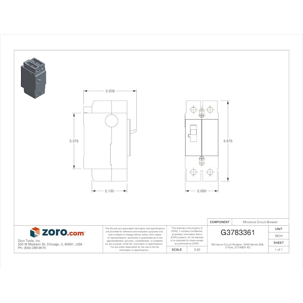 Eaton Miniature Circuit Breaker, GHB Series, 20A, 2 Pole, 277/480V AC, 14kA at 277/480V AC - GHB2020