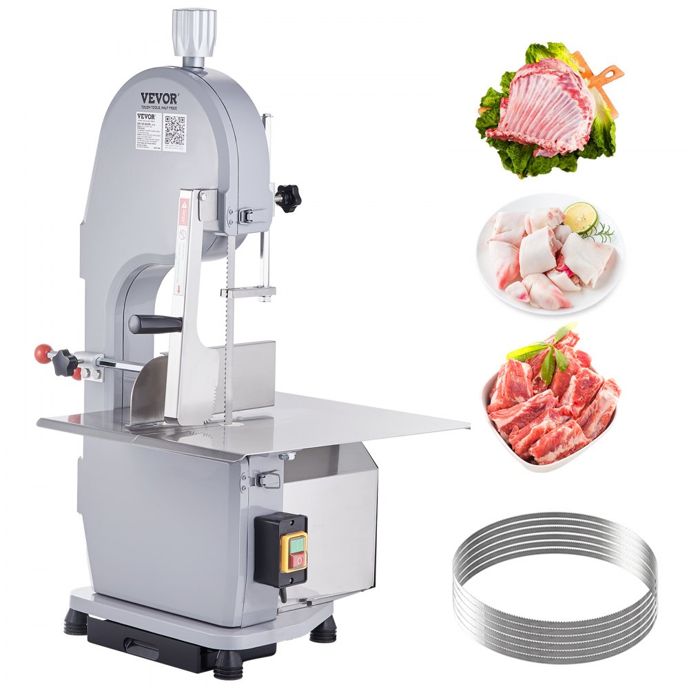 VEVOR Commercial Electric Meat Bandsaw, 1100W Stainless Steel Countertop Bone Sawing Machine, Workbeach 19.3" x 15", 0.16-7.9 Inch Cutting Thickness, Frozen Meat Cutter with 6 Blades for Rib Pork Beef - TSJGJ1100W420AHCPV1