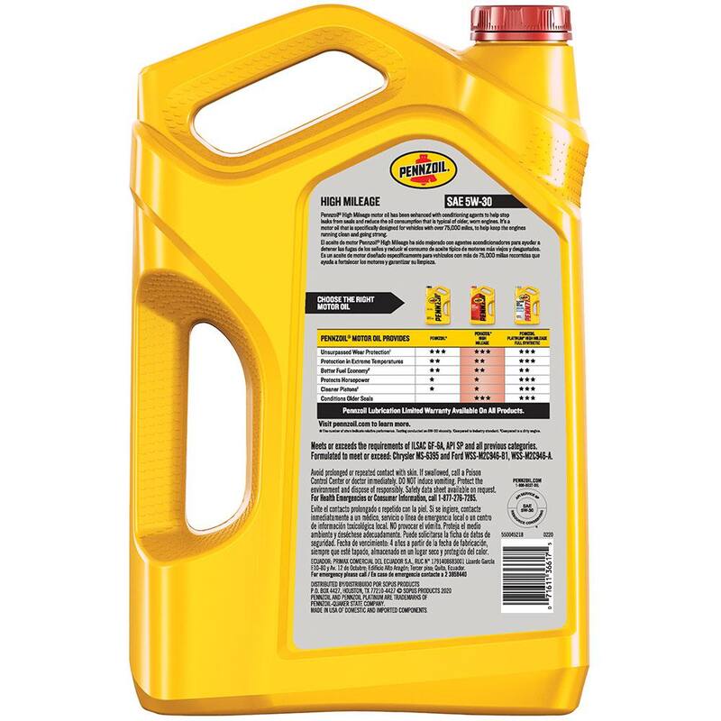 Pennzoil High Mileage SAE 5W-30 Synthetic Blend Motor Oil 5 Qt. - 550045218