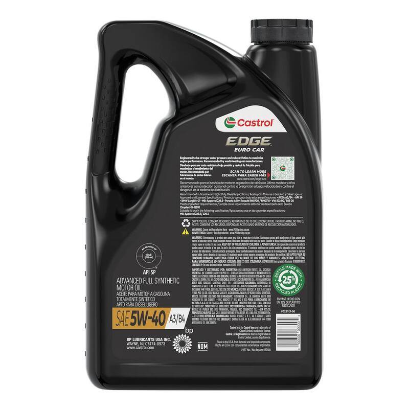 CASTROL EDGE Euro 5W-40 A3/B4 Advanced Full Synthetic Motor Oil, 5 Qt. - 15D934