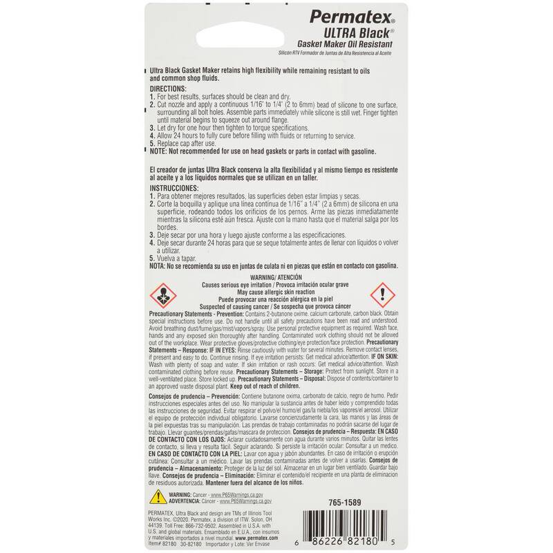Permatex 3 oz. Ultra Black Maximum Oil Resistance RTV Silicone Gasket Maker - 82180