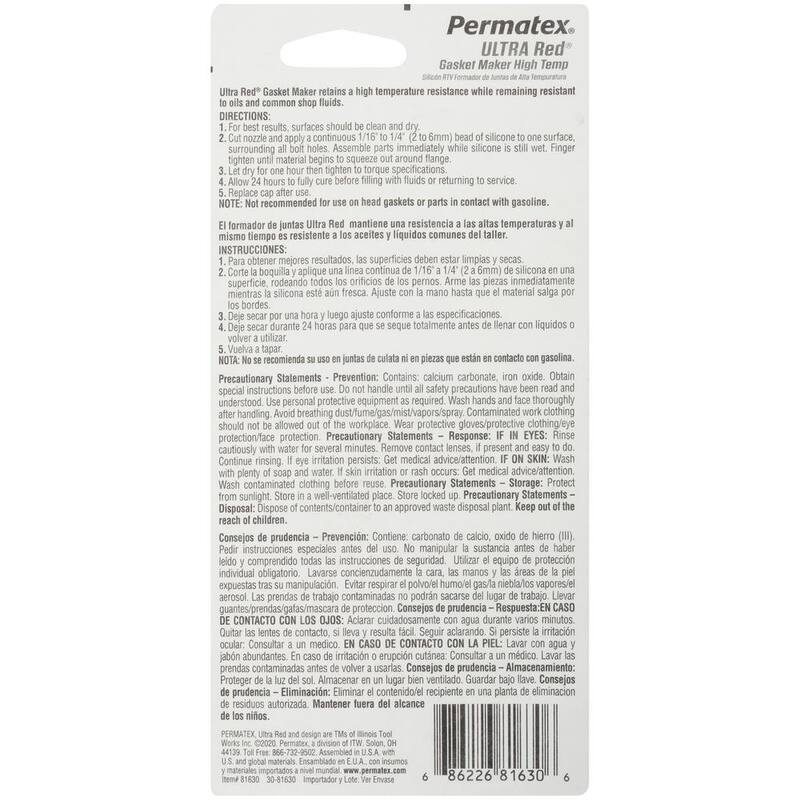 Permatex 3 oz. High-Temp Red RTV Silicone Gasket Maker - 75630 - FerreDepot