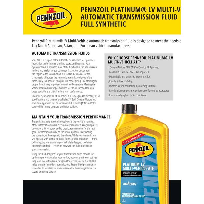 Pennzoil Platinum LV Multi-Vehicle Automatic Transmission Fluid 1 Qt. - 550041916