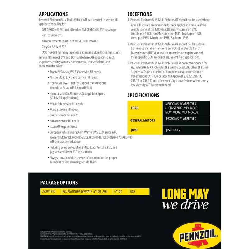 Pennzoil Platinum LV Multi-Vehicle Automatic Transmission Fluid 1 Qt. - 550041916