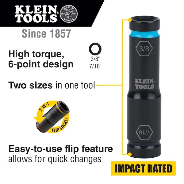 Klein Tools Flip Impact Socket, 7/16 and 3/8-Inch - 66077