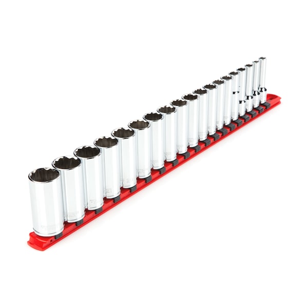 Tekton 3/8 Inch Drive Deep 12-Point Socket Set with Rail, 19-Piece (6-24 mm) - SHD91116