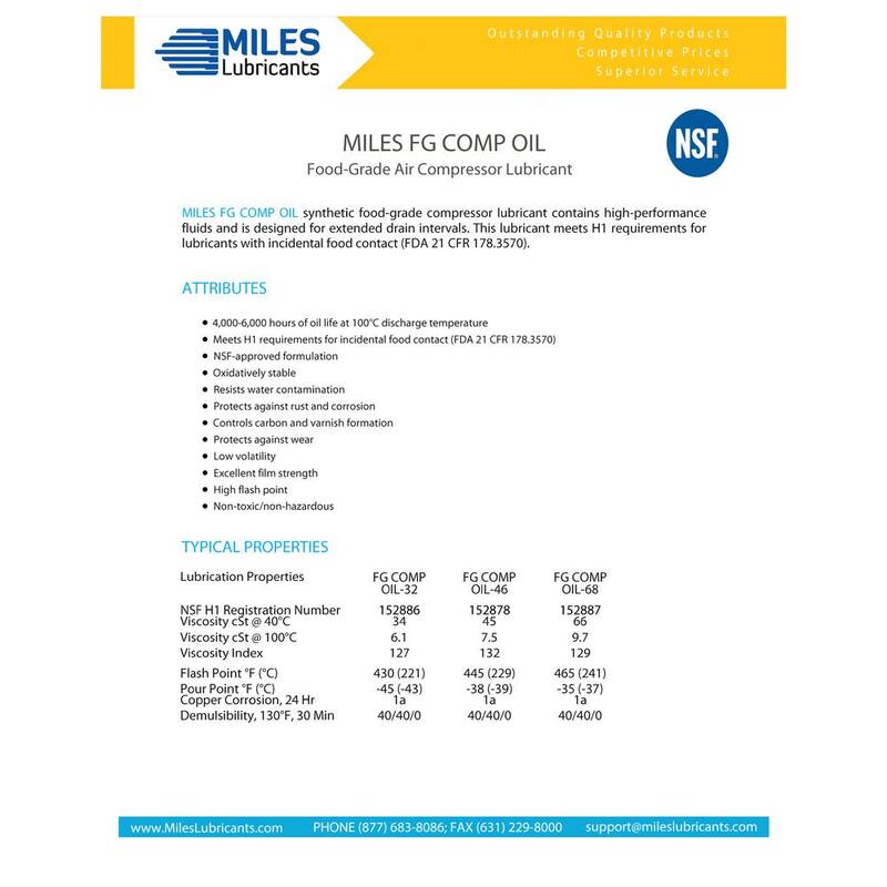 Miles Lubricants Miles Fg Comp Oil 68 - 16 oz. Food Grade-Synthetic Rotary Compressor Fluid H-1 Registered (Pack of 12) - MSF1543007