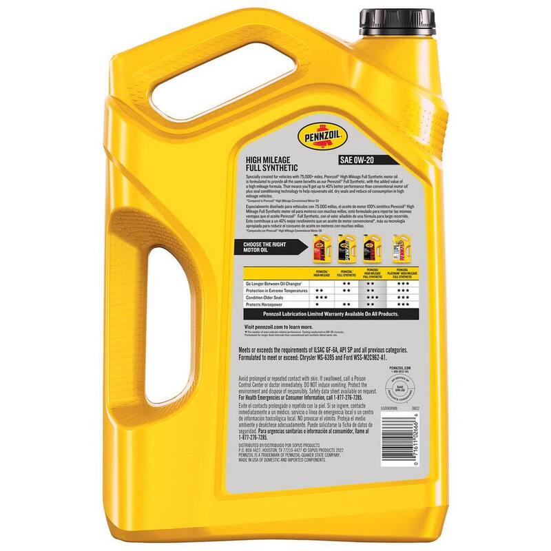 Pennzoil Full Synthetic High Mileage Motor Oil SAE 0W-20 5 qt. - 550069988