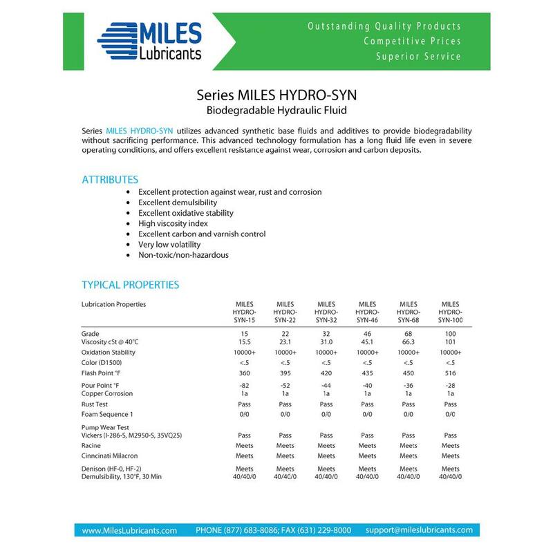 Miles Lubricants Miles Hydro Syn 68 - 5 gal. Advanced Technology Pao Based Bio-Hydraulic - MSF1200303
