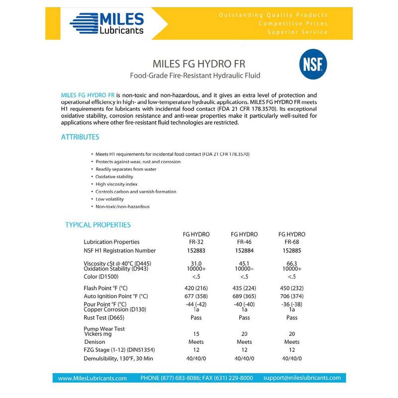 Miles Lubricants Miles Fg Hydro Fr 46 Food Grade Hydraulic Fluid H-1 registered 4 x 1 Gal. Case - MSF1201405