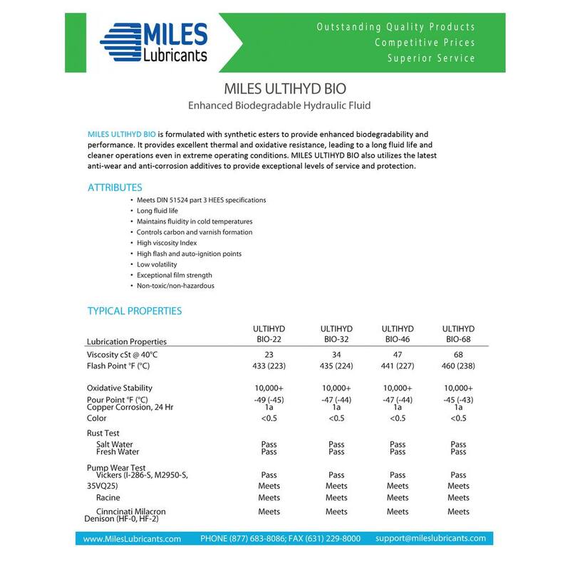 Miles Lubricants Miles Ultihyd Bio 68-Advanced Technology Pao Based Bio - Hydraulic 5 Gal. Pail - MSF1201103