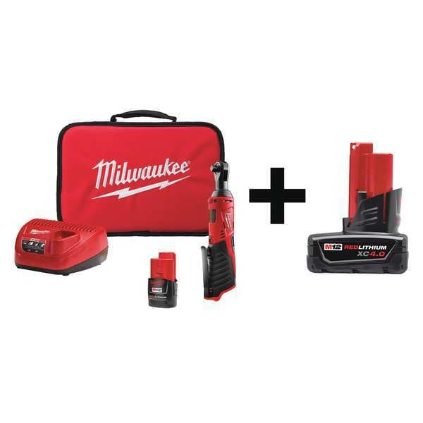 Milwaukee Tool Cordless Ratchet Kit, 12V DC, Drive Size 3/8 in, Pistol Grip, Includes Batteries, Charger & Bag - 2457-21, 48-11-2440