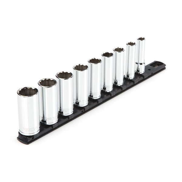 Tekton 3/8 Inch Drive Deep 12-Point Socket Set with Rail, 9-Piece (5/16-3/4 in.) - SHD91107