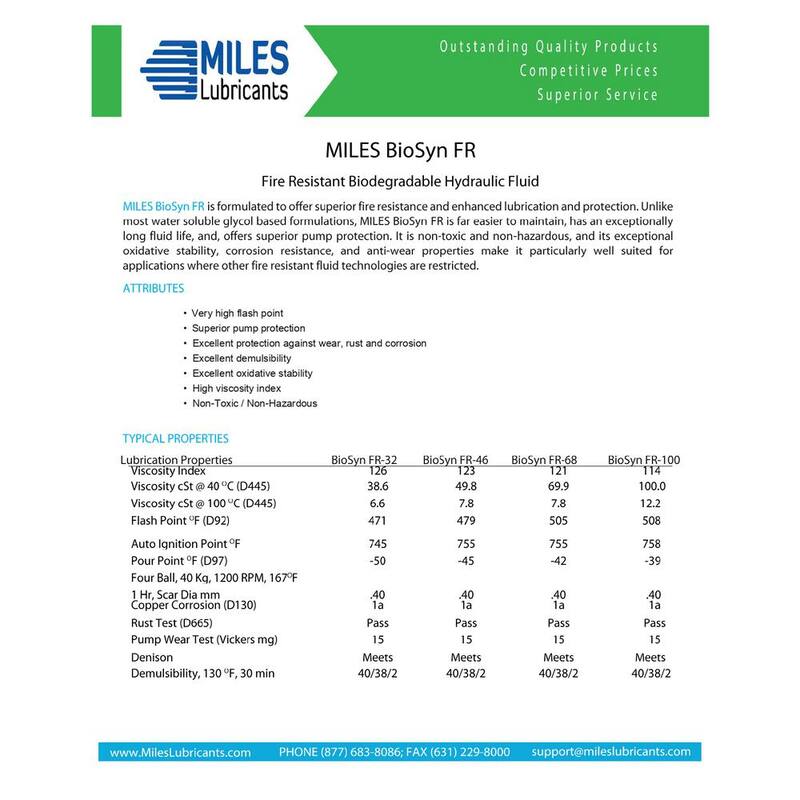 Miles Lubricants Miles Biosyn Fr 68-Fire Resistant Pao Based Hydraulic 4 x 1 gal./Case - MSF1200705
