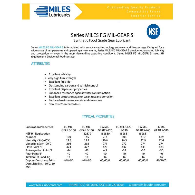Miles Lubricants Miles Fg Mil Gear S 150 Full Synthethic Pao Based Food Grade Gear Oil 16 Oz/12 Case - MSF1434007