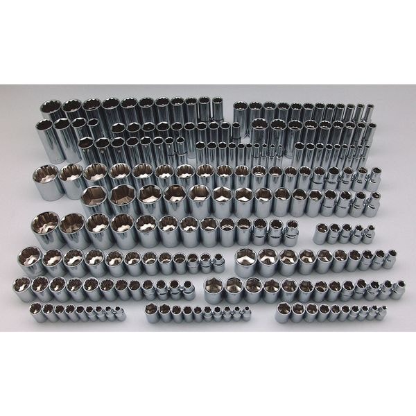 Westward 1/4", 3/8", 1/2" Drive Socket Set SAE, Metric 202 Pieces 4 to 32, 5/32 in to 1 1/4 in , Chrome - 40JD46