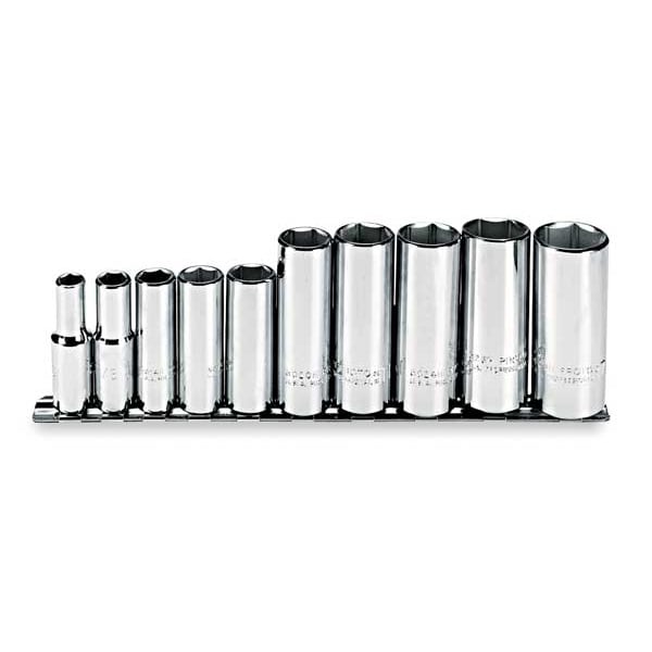 Proto 3/8" Drive Deep Socket Set SAE 10 Pieces 5/16 in to 7/8 in , Full Polish - J52111