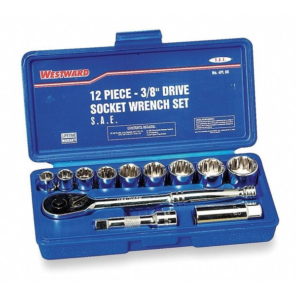 Westward 3/8" Drive Socket Wrench Set SAE 12 Pieces 3/8 in to 7/8 in , Chrome - 4PL88