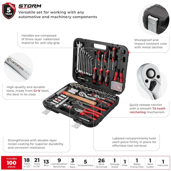 Intertool 1/4 in., 1/2 in. Drive Full Mechanics Tool Set, 100 pcs - ET08-8100