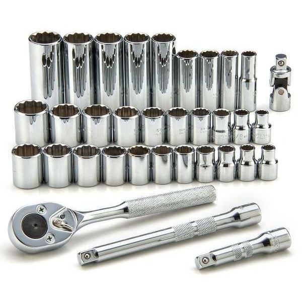 Proto 3/8" Drive Socket Set SAE, Metric 34 Pieces 5/16 in to 7/8 in, 8 mm to 19 mm , Full Polish - J52230