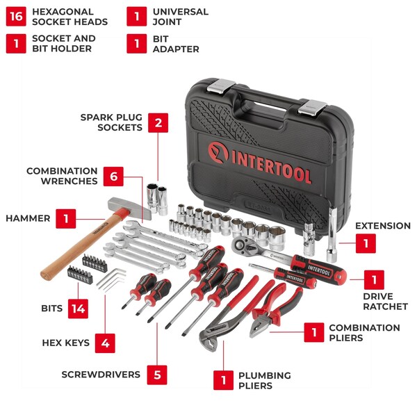 Intertool 1/4 in., 1/2 in. Drive Full Mechanics Tool Set, Metric, 56 pcs - ET08-8056