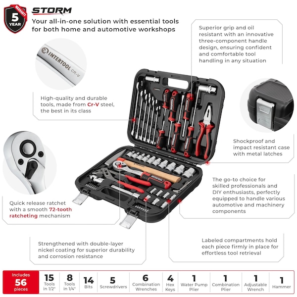 Intertool 1/4 in., 1/2 in. Drive Full Mechanics Tool Set, Metric, 56 pcs - ET08-8056