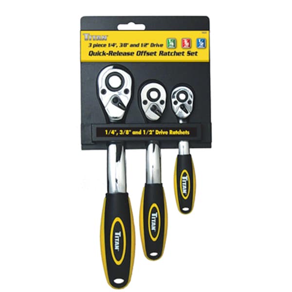 Titan Ratchet Set, 3 Piece, 1/4", 3/8", 1/2" Drive, Quick Release Button, Offset Design, Cushioned Grip - 18025