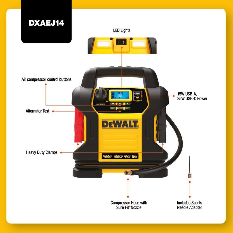 DEWALT 1600 Peak Amp Jump Starter with Digital Compressor and USB Power Bank - DXAEJ14