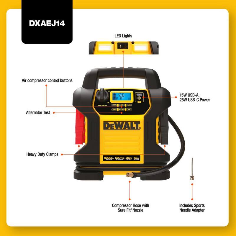 DEWALT 1600 Peak Amp Jump Starter with Digital Compressor and USB Power Bank - DXAEJ14
