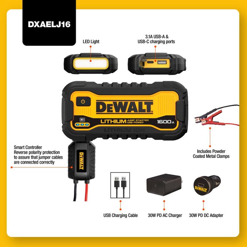 DEWALT 1600 Peak Amp Lithium Jump Starter with USB Power Bank - DXAELJ16