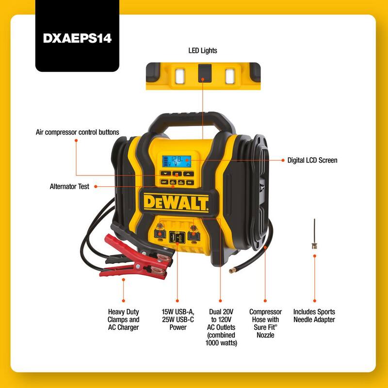DEWALT Portable Power 2000 Peak Amp Jump Starter w/Digital Compressor - DXAEPS14