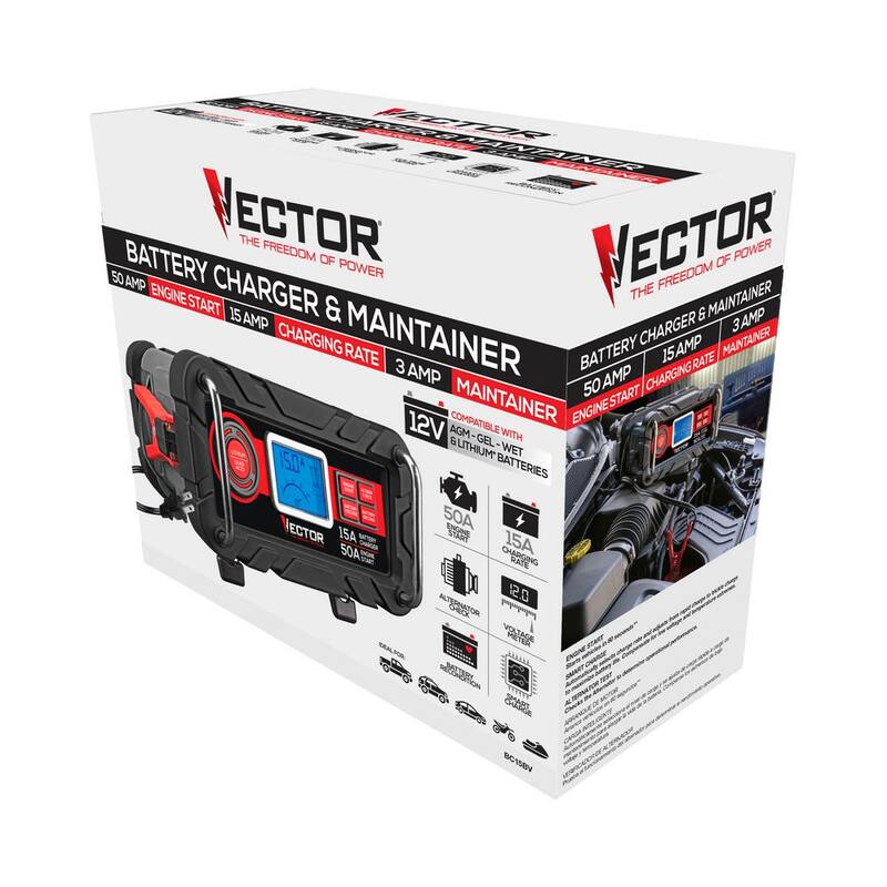 VECTOR 15 Amp Automatic 12V Battery Charger with 50 Amp Engine Start and Alternator Check - BC15BV