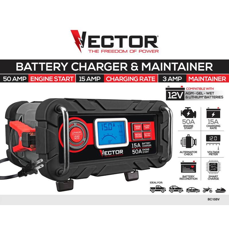 VECTOR 15 Amp Automatic 12V Battery Charger with 50 Amp Engine Start and Alternator Check - BC15BV